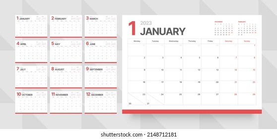 Monthly calendar template for 2023 year. Week Starts on Monday. Desk calendar in a minimalist style. 