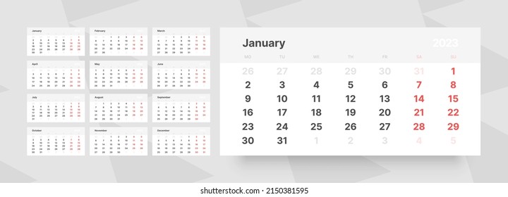 Monthly calendar template for 2023 year. Week Starts on Monday. Desk calendar in a minimalist style.  svg