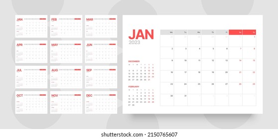 Modelo de calendario mensual para 2023 año. La semana empieza el lunes. Calendario del escritorio de estilo minimalista. 