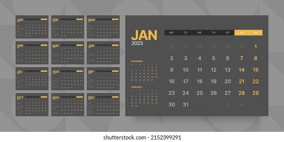 Monthly calendar template for 2023 year. Week Starts on Monday. Desk calendar in dark color. 