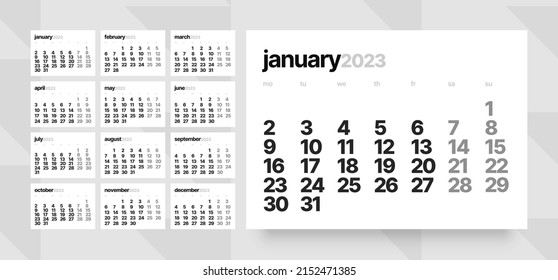 Modelo de calendario mensual para 2023 año. La semana empieza el lunes. Calendario del escritorio de estilo minimalista. 