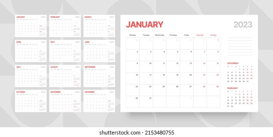 Monthly calendar template for 2023 year. Week Starts on Monday. Desk calendar in a minimalist style. 