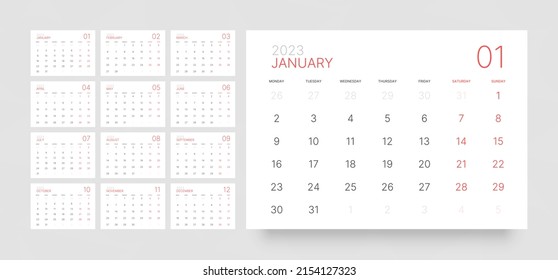 Modelo de calendario mensual para 2023 año. La semana empieza el lunes. Calendario del escritorio de estilo minimalista. 