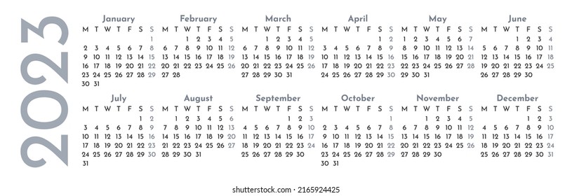 Monthly calendar template for 2023 year. Week starts on Monday. Page layout calendar in a minimalist style. Vertical table grid. Agenda organizer. Vector illustration