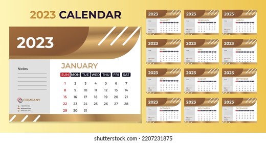 Monthly calendar template for 2023 year. Planner diary in a minimalist style.2023 calendar in minimal table and Golden color event planner, Corporate and business calendar. Week Starts Sunday