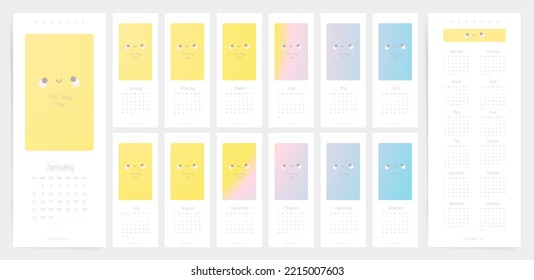 Monthly calendar template for 2023 year. Week starts on Sunday. Long and narrow cute design. Place for photo or picture. Minimal modern design.