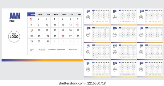 Monthly calendar template for 2023 year. Week Starts on Sunday. Wall calendar in a minimalist style.