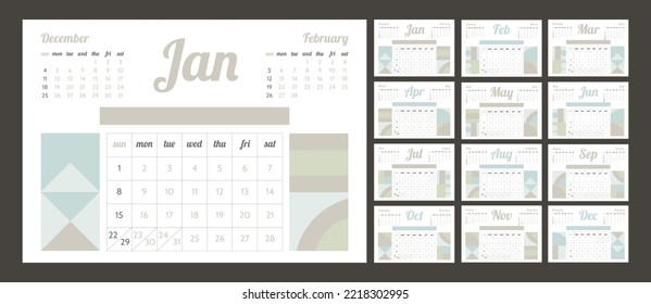 Monthly calendar template for 2023 year. Week start on Sunday.
