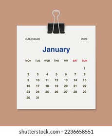 Monthly calendar template for 2023 year. Wall calendar with Metal clip.  minimalist style.