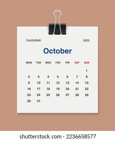 Monthly calendar template for 2023 year. Wall calendar with Metal clip.  minimalist style.