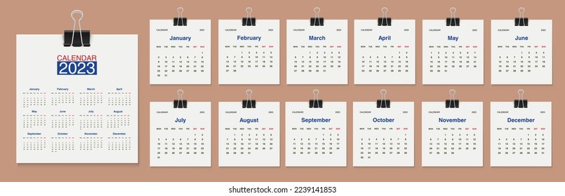 Monthly calendar template for 2023 year. Wall calendar with Metal clip.  minimalist style.