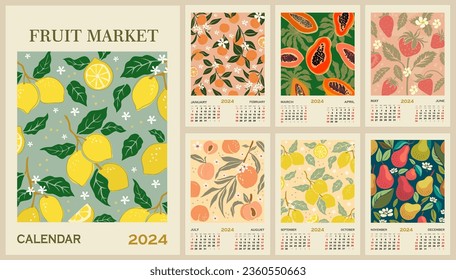 Monthly calendar template for 2024. Vertical design with fruit pattern. Fruit Market trendy retro prints. Vector illustration page template A3, A2 for printable wall calendar. Week starts on Sunday