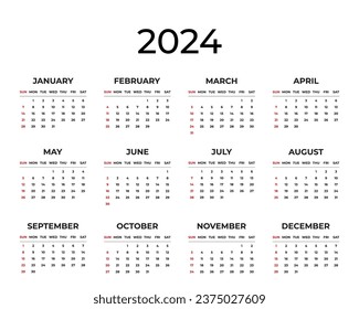 Monthly Calendar Template for 2024 Week Starts on Sunday