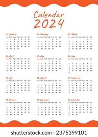 Monthly Calendar Template for 2024 with Weekly Start on Sunday
