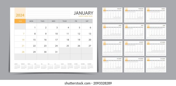 Monthly calendar template for 2024 year. Week Starts on Sunday. Wall calendar 2024 in a minimalist style. Set of 12 months. Desk calendar 2024. Planner. printing template. office organizer. vector