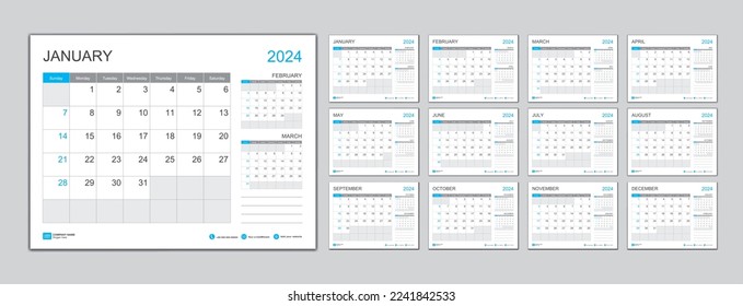 Plantilla de calendario mensual para 2024 año, Planner 2024 año, Week Comienza el domingo. Calendario de pared con un estilo minimalista, plantilla de calendario de escritorio 2024, diseño de calendario de año nuevo, vector de plantillas de negocio