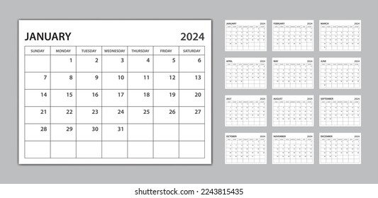 Monthly calendar template for 2024 year, planner 2024 template, Week Starts on sunday, wall calendar 2024 year, planner minimal design, Set of 12 Months, desk calendar design, organizer stationery