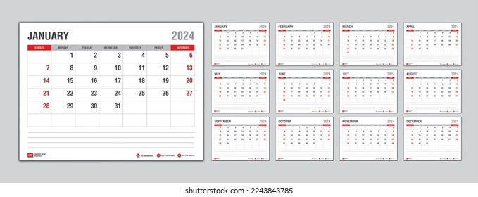 Monthly calendar template for 2024 year, Week Starts on sunday, Planner 2024 year, Wall calendar in a minimalist style, desk calendar 2024 template, New Year Calendar Design, Business template Vector