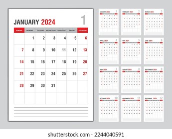 Monthly calendar template for 2024 year, Week Starts on sunday, Planner 2024 year, Wall calendar in a minimalist style, desk calendar 2024 template vertical layout, Business template Vector