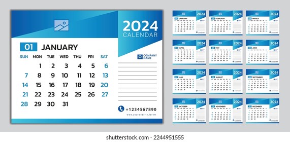 Monthly calendar template for 2024 year, Week Starts on Sunday, Wall calendar 2024 in a minimalist style, desk calendar 2024 template, blue graphic design, printing media, corporate planner vector