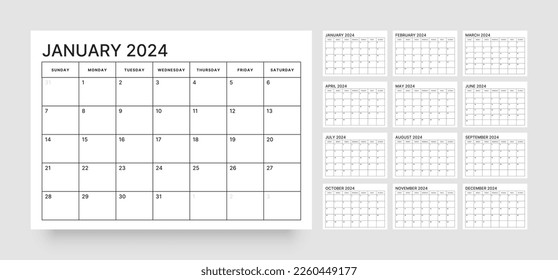 Modelo de calendario mensual para 2024 año. Calendario de pared de estilo minimalista. La semana empieza el domingo. Planificador para 2024 año.