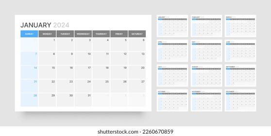 Monthly calendar template for 2024 year. Wall calendar in a minimalist style. Week Starts on Sunday. Planner for 2024 year.