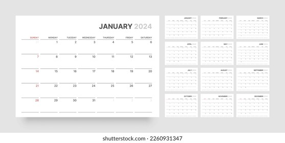 Monthly calendar template for 2024 year. Wall calendar in a minimalist style. Week Starts on Sunday. Planner for 2024 year.