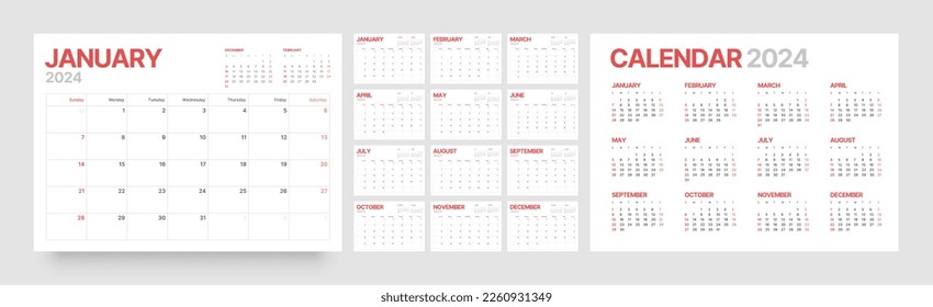 Monthly calendar template for 2024 year. Wall calendar in a minimalist style. Week Starts on Sunday. Planner for 2024 year.