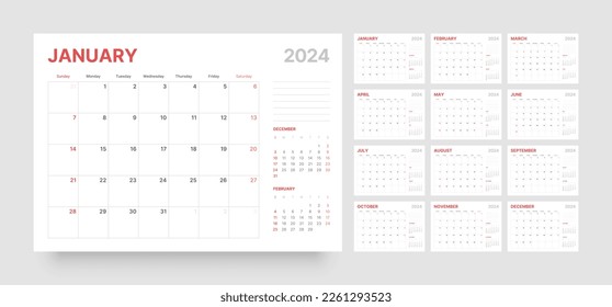 Monthly calendar template for 2024 year. Wall calendar in a minimalist style. Week Starts on Sunday. Planner for 2024 year.
