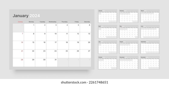 Monthly calendar template for 2024 year. Wall calendar in a minimalist style. Week Starts on Sunday. Planner for 2024 year.