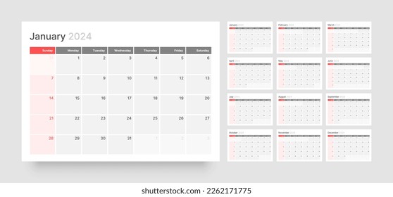 Monthly calendar template for 2024 year. Wall calendar in a minimalist style. Week Starts on Sunday. Planner for 2024 year.