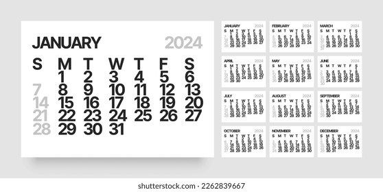 Monthly calendar template for 2024 year. Wall calendar in a minimalist style. Week Starts on Sunday. 