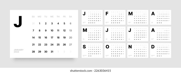Monthly calendar template for 2024 year. Wall calendar in a minimalist style. Week Starts on Sunday. 