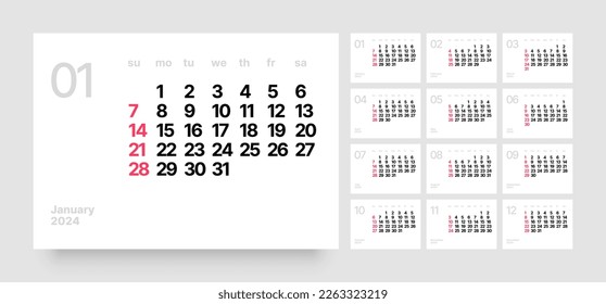 Monthly calendar template for 2024 year. Wall calendar in a minimalist style. Week Starts on Sunday. 