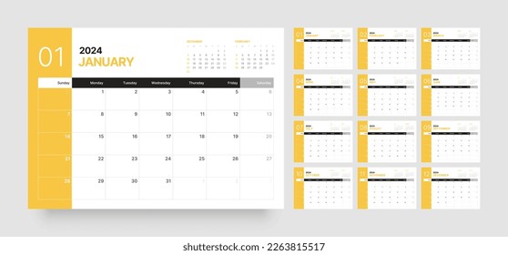 Monthly calendar template for 2024 year. Wall calendar in a minimalist style. Week Starts on Sunday. Planner for 2024 year.