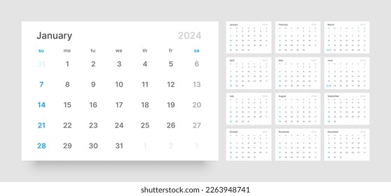 Modelo de calendario mensual para 2024 año. Calendario de pared de estilo minimalista. La semana empieza el domingo. 