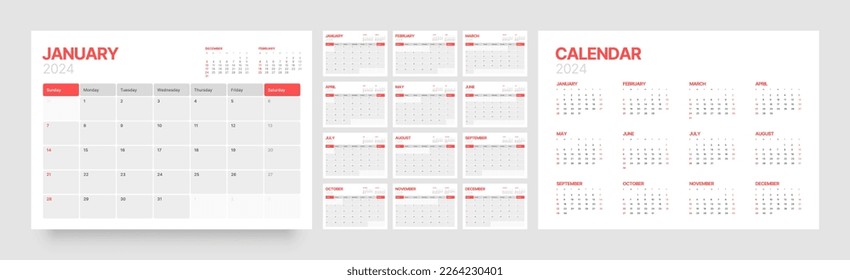 Monthly calendar template for 2024 year. Wall calendar in a minimalist style. Week Starts on Sunday. Planner for 2024 year.