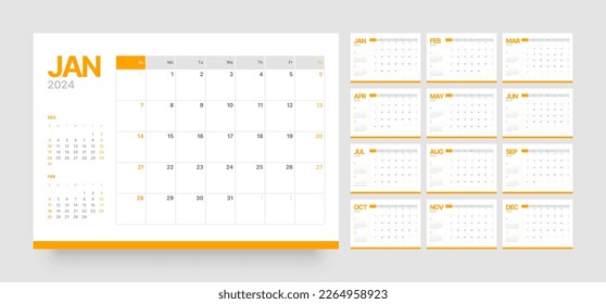 Monthly calendar template for 2024 year. Wall calendar in a minimalist style. Week Starts on Sunday. Planner for 2024 year.