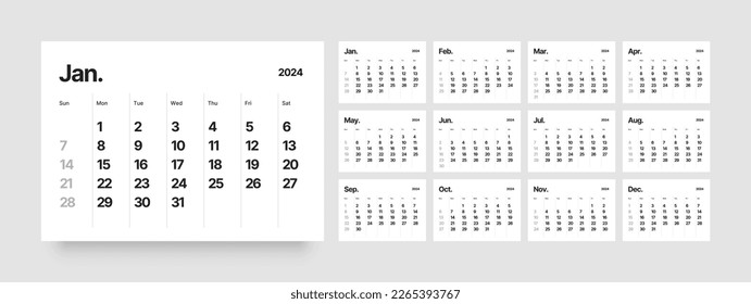 Monthly calendar template for 2024 year. Wall calendar in a minimalist style. Week Starts on Sunday. 