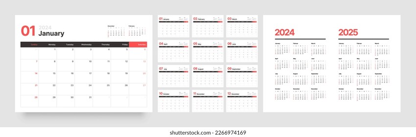 Monatliches Kalenderblatt für 2024. Wandkalender im minimalistischen Stil. Die Woche beginnt am Sonntag. Planer für 2024 Jahr.