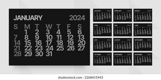 Monthly calendar template for 2024 year. Horizontal calendar grid in black and dark color. Week Starts on Sunday. 