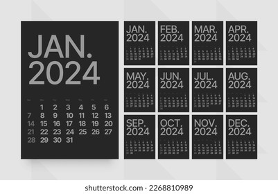 Monthly calendar template for 2024 year. Vertical calendar grid in black and dark color. Week Starts on Sunday. 
