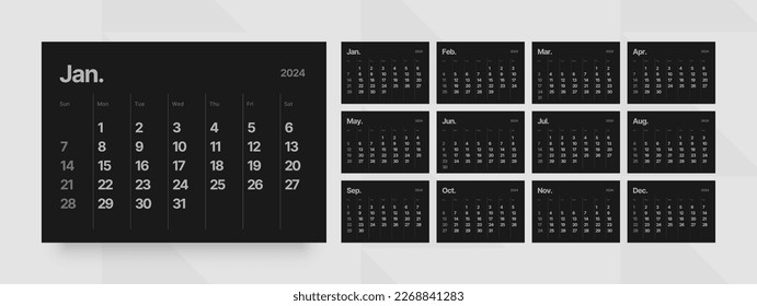 Monthly calendar template for 2024 year. Horizontal calendar grid in black and dark color. Week Starts on Sunday. 