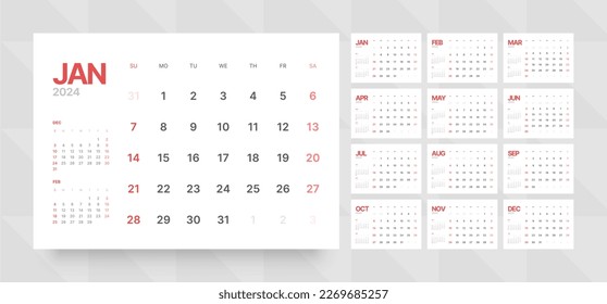 Monthly calendar template for 2024 year. Wall calendar grid in a minimalist style. Week Starts on Sunday. 