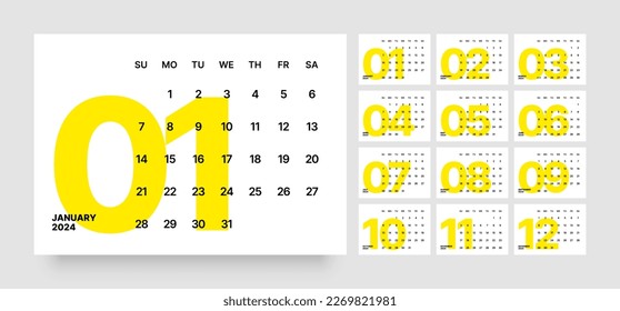 Monthly calendar template for 2024 year. Wall calendar in a minimalist style. Week Starts on Sunday. 
