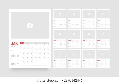 Monthly calendar template for 2024 year. Wall calendar in a minimalist style. Week Starts on Sunday. Diary planner template with place for photo.