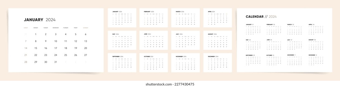Monthly calendar template for 2024 year. Corporate business calendar in clean and simple modern office style. Week Starts on Sunday. 12 month vector 2024 calendar template.	