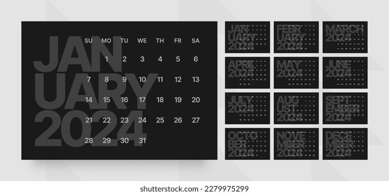 Modelo de calendario mensual para 2024 año. Cuadrícula horizontal de calendario en color negro y oscuro. La semana empieza el domingo. 