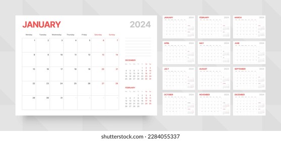 Monthly calendar template for 2024 year. Wall calendar grid in a minimalist style. Week Starts on Monday. Planner for 2024 year.