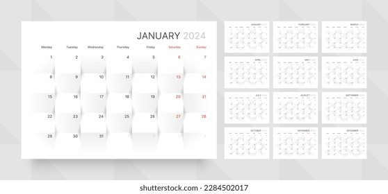 Monthly calendar template for 2024 year. Planner diary with 3d paper background. Week Starts on Monday. 